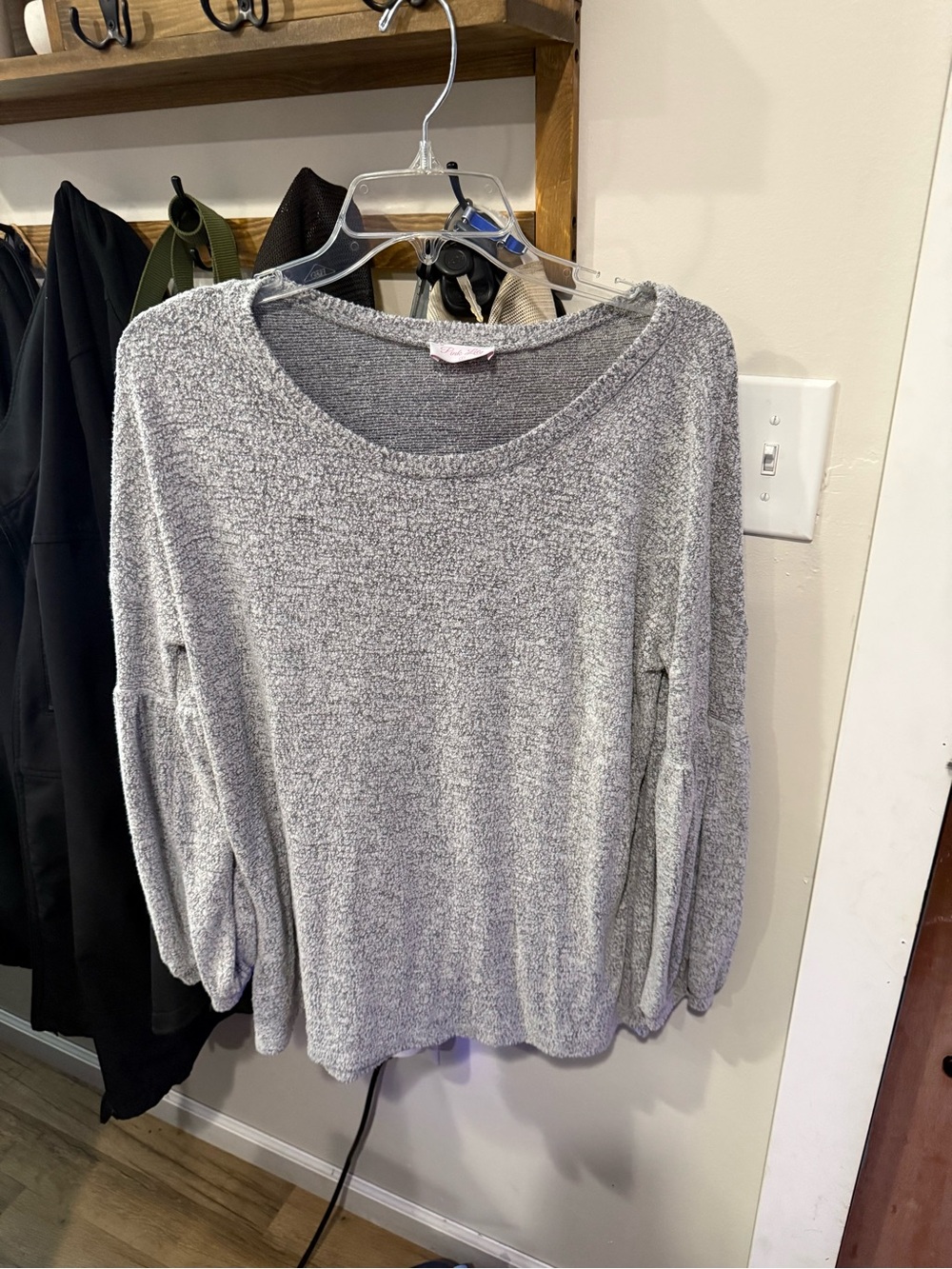 Light Gray Plush Crewneck Sweater with Balloon Sleeves